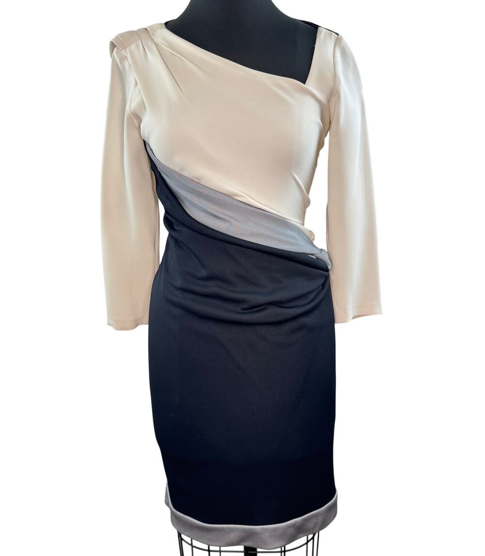 Prabal Gurung Ivory Black Silver Sheath Dress Colorblock Asymmetric Neck Party
